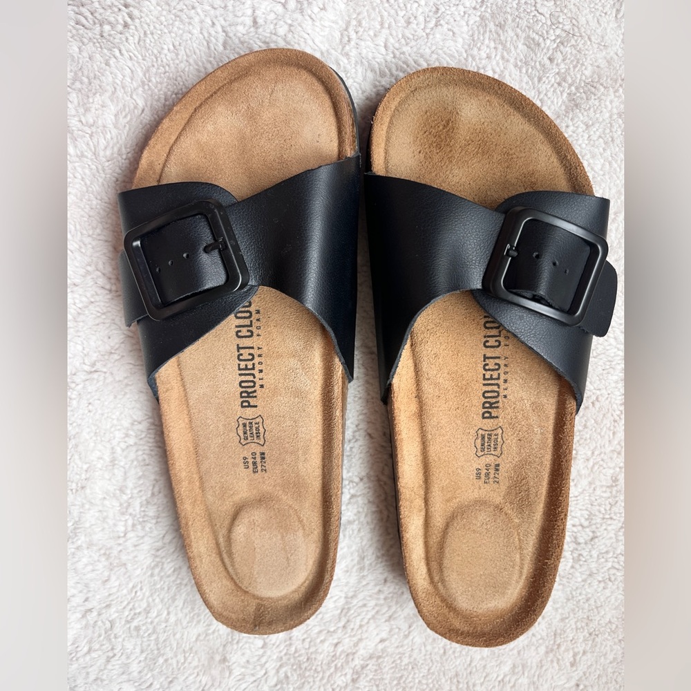 Project Cloud Black Leather Slide Sandals Women Size 9